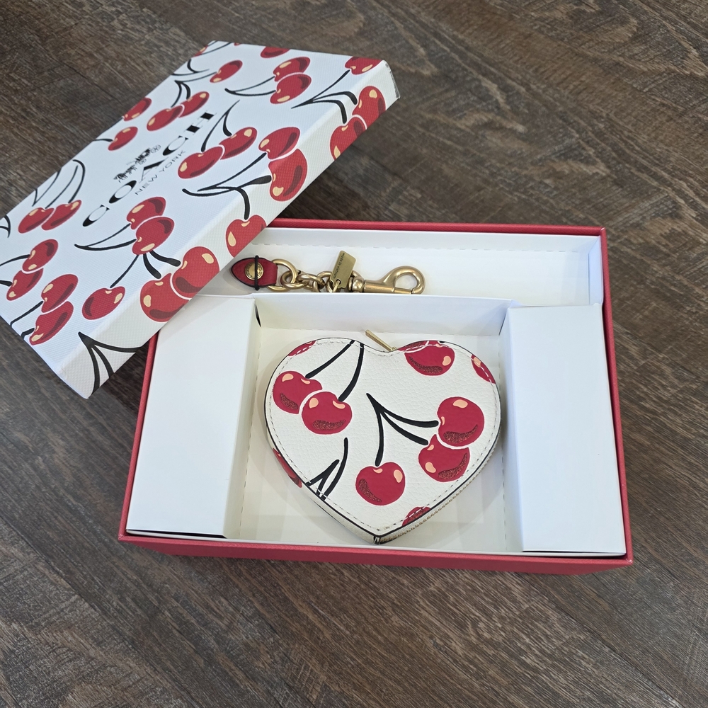 Coach White Heart Coin Purse with Red Cherries